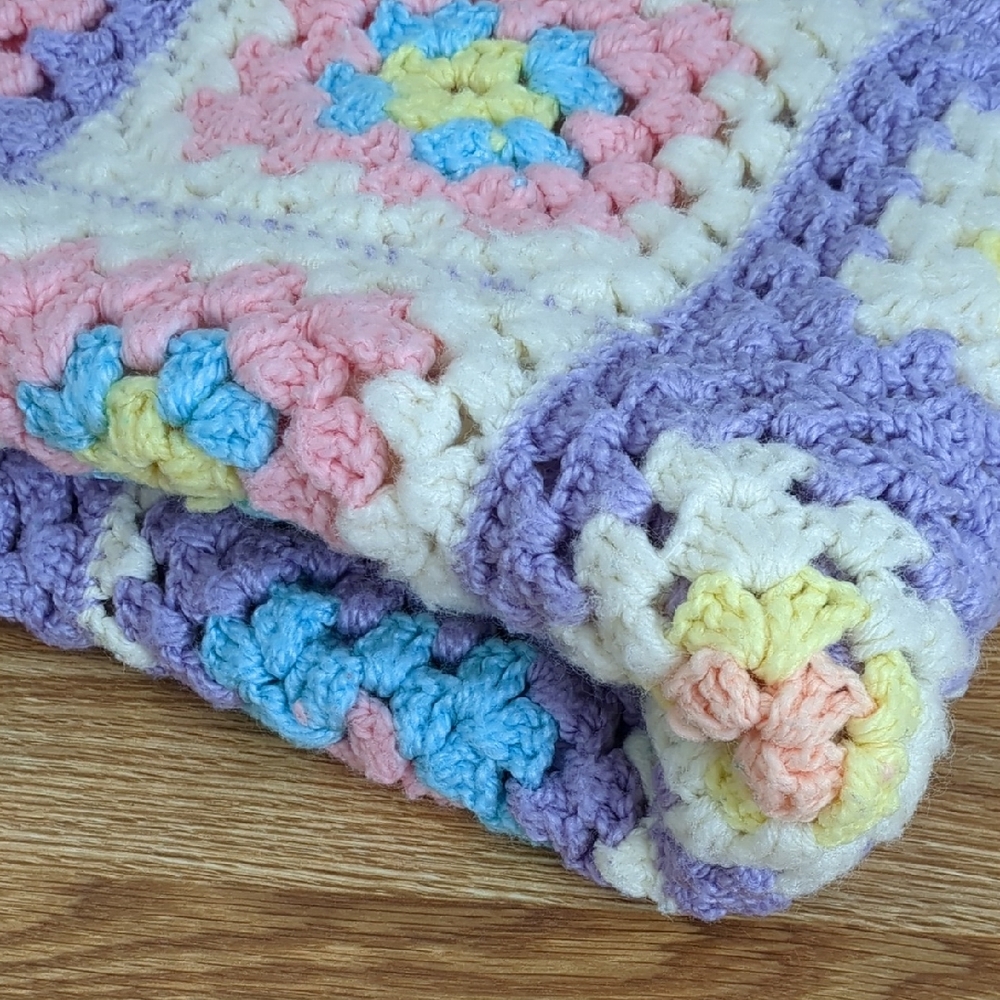 Granny Square Crochet Handmade Baby Blanket, Pastel Colors: Purple, Yellow, Pink
